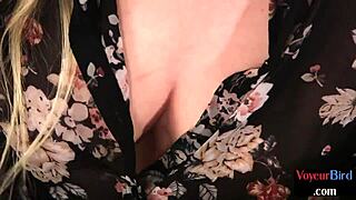 Voyeuristic femdom secretary teases wanking sub with big tits