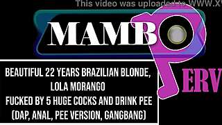 beautiful brazilian blonde lola morango fucked by five huge cocks, drinks pee in golden shower