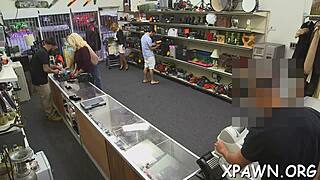 Young woman intensely sucks and fucks in shop