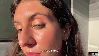 a brunette amateur walks in a public supermarket after an outdoor encounter