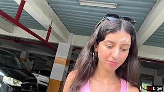 a brunette amateur walks in a public supermarket after an outdoor encounter