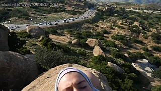 Felicity feline flashes her ass and tits outdoors in public