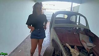 The redhead fucks the old cuckold in the car while the young man watches. The scene involves blowjob and pussy action.