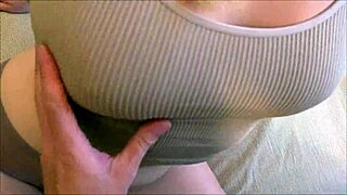 Busty blonde got my cum all over her tits with tanlines