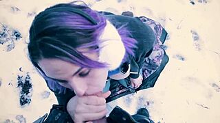 Public blowjob in snow in city park