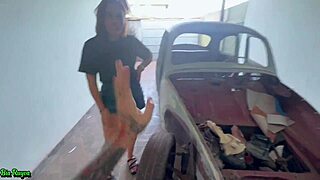 The redhead fucks the old cuckold in the car while the young man watches. The scene involves blowjob and pussy action.