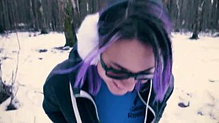 Public blowjob in snow in city park