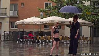 Petite blonde gets dominated in the rain, bound and exposed outdoors