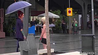 Petite blonde gets dominated in the rain, bound and exposed outdoors