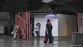 Petite blonde gets dominated in the rain, bound and exposed outdoors