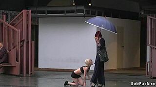 Petite blonde gets dominated in the rain, bound and exposed outdoors