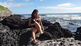 my seductive stepmom gives foot fetish on a public beach.