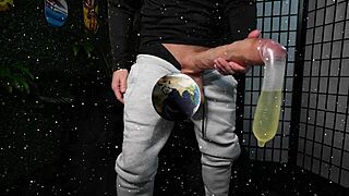 huge white cock cums in condom until it explodes and drinks piss vs world biggest cock