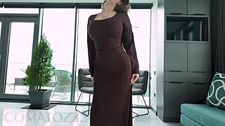 Look at this busty babe in a dress showing off her big natural tits, she says, and taking a cumshot?