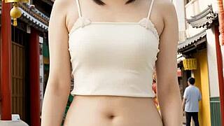 chinese lingerie models in chinatown showcasing cute outfits and barefoot poses