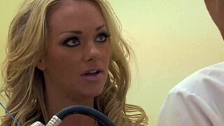 Fishnetted blondes Paige Ashley and Sunny Lane with BIG BOOBS in FFM threesome