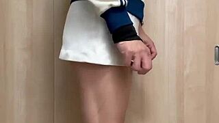 japanese teen in tennis uniform with buttplug and anal play