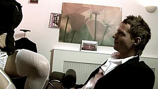 milf blonde secretary fucks the big boss on his desk through her fishnets