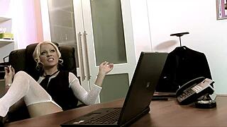 milf blonde secretary fucks the big boss on his desk through her fishnets