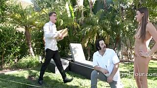 step grandkid bends over for architect's deepthroat doggy on public lawn