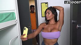 Huge tits latina caught naked by receptionist in horny hostel dorm