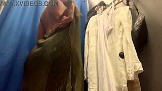 japanese milf sneaks into changing room trying tight dresses her huge boobs spilling out everywhere