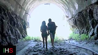 brunette slut bent over outdoor, taking deep doggystyle thrusts