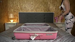 Business trip alone? No way, she sneaks in suitcase ripping leggings for ass fuck!