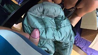 MilfyCalla Covers Red Shiny Puffy Jacket in Loads of Cum