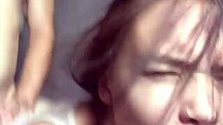 Fucked cute 18 year old brunette neighbor behind garages then bedroom domination skirt up