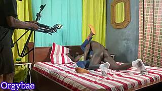 deep cock digs wild into hairless wet ebony pussy behind the scenes
