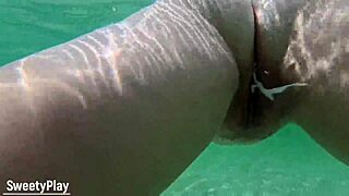 Chubby wife's juicy pussy filled with three underwater creampie loads