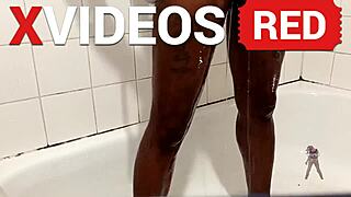 real amateur ebony milf showers her sexy long legs and naked butt