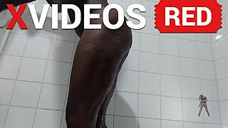 real amateur ebony milf showers her sexy long legs and naked butt
