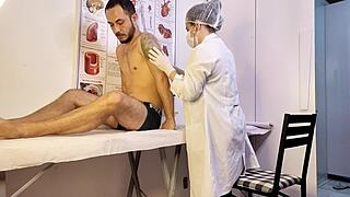 patient gets hard during exam can't hold back in front of sexy nurse teasing him with dirty talk and uniform