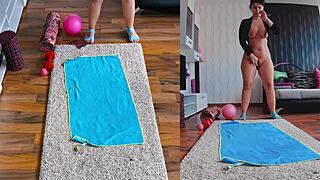 Curvy milf spreads fat ass in steamy naked yoga workout