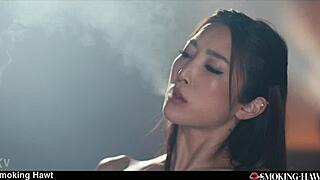 sexy emiri in leather smokes while i get her doggystyle blowjob cumshot pov