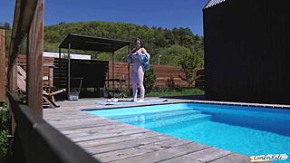 Spying on blonde's pool yoga? Bent over for morning creampie now!