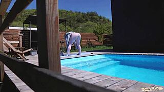 Spying on blonde's pool yoga? Bent over for morning creampie now!