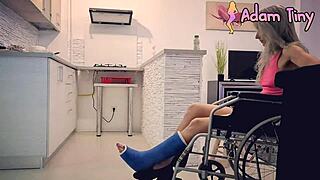 Wheelchair slut begs help gets facial surprise