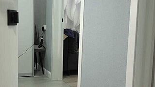 a home camera catches the chubby mature housewife in her short robe showing off curves and thick figure backstage