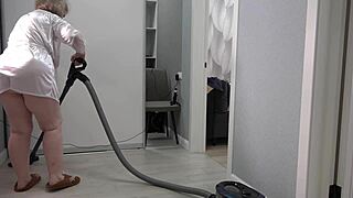 a home camera catches the chubby mature housewife in her short robe showing off curves and thick figure backstage