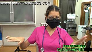 behind the scenes at cum clinic angel ramiraz spreads shaved pussy for glove extraction 😈
