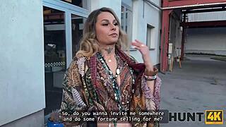 WOW! Hunter spots sexy tattooed chick outdoors on halloween, fucks her shaved pussy pov in salon!