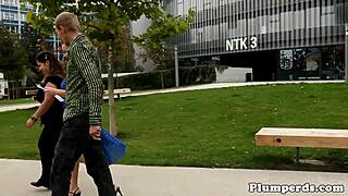 Chubby dominas in heels drop to knees for sloppy threesome cocksucking