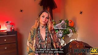 WOW! Hunter spots sexy tattooed chick outdoors on halloween, fucks her shaved pussy pov in salon!