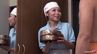 Hotel client seduces petite japanese room girl to food fetish fuck bent over tight pussy