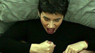 in pov he unloads cum on her clothes then facials her