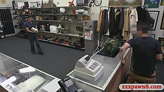 A busty blonde endures intense group banging at the pawnshop counter