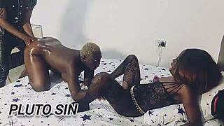 Stepbrother fucks Vera and ebony friend in outdoor double fun